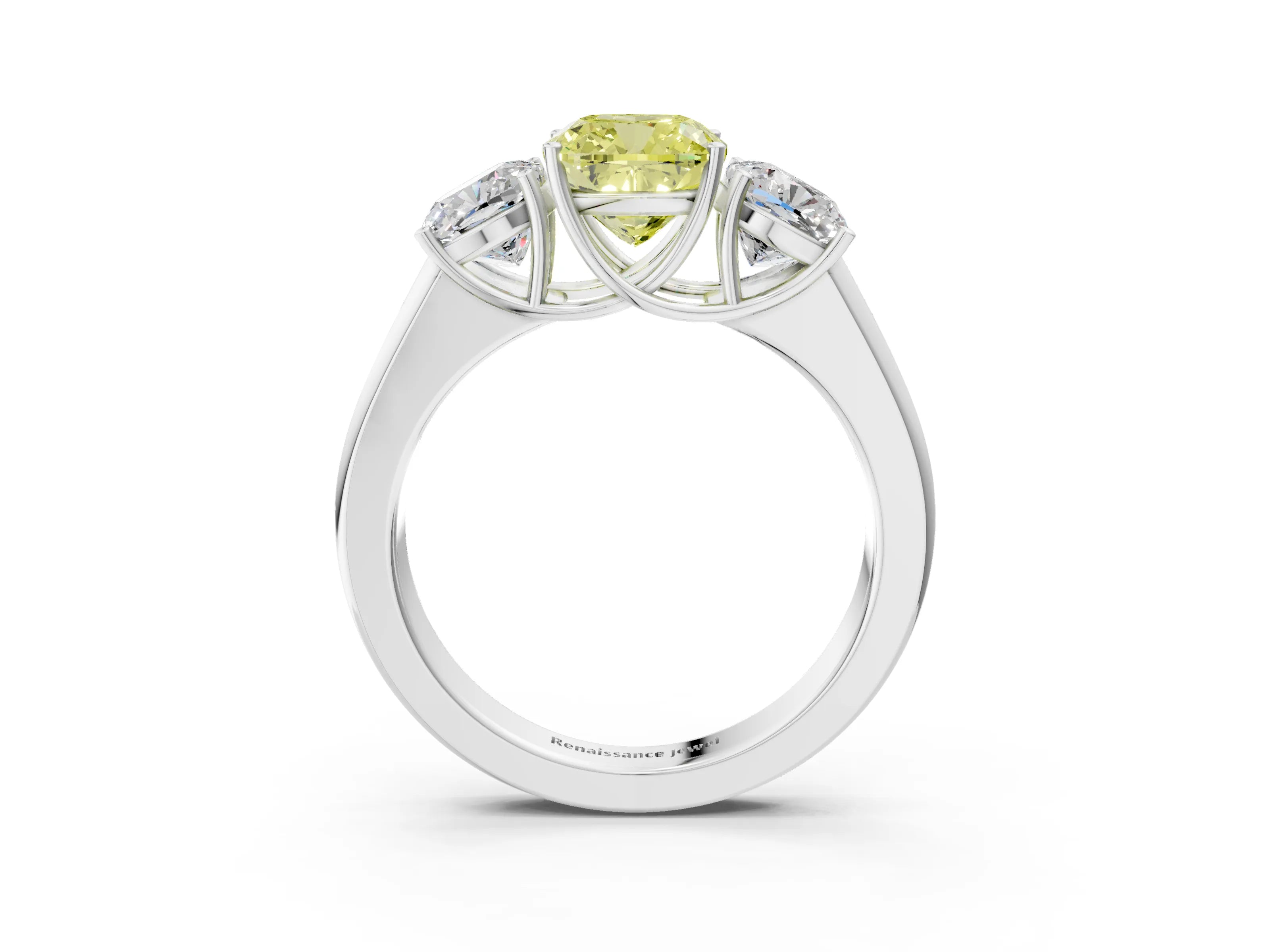 White gold Three-Stone Fancy Yellow Cushion Cut Cut Diamond Ring with Prong Setting and Classic Band_3