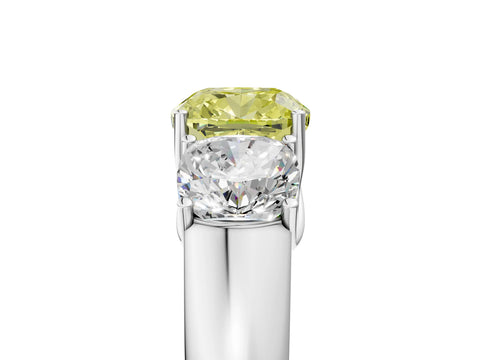 White gold Three-Stone Fancy Yellow Cushion Cut Cut Diamond Ring with Prong Setting and Classic Band_5