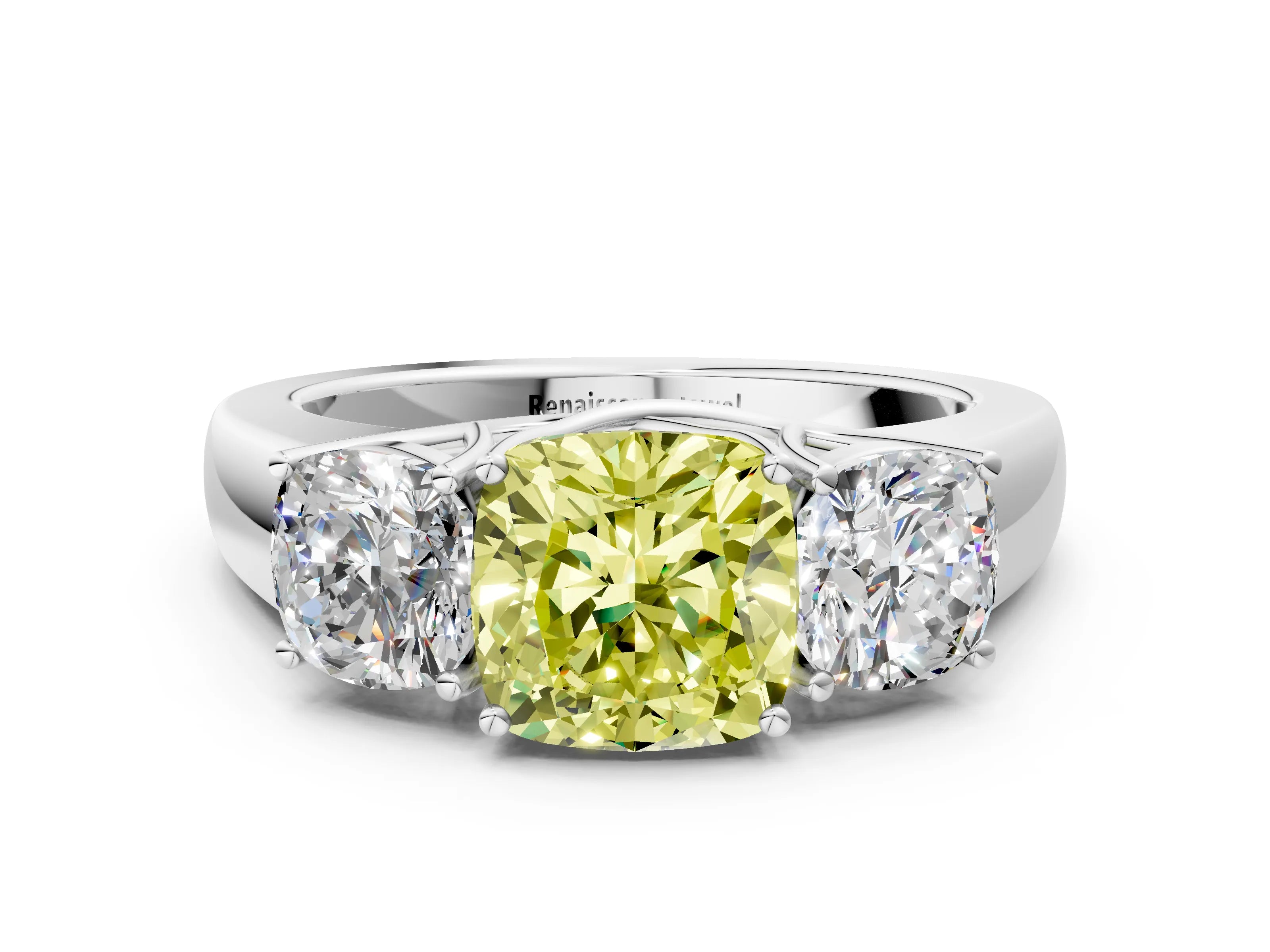White gold Three-Stone Fancy Yellow Cushion Cut Cut Diamond Ring with Prong Setting and Classic Band