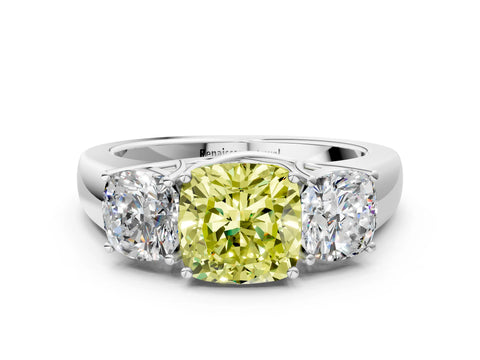 White gold Three-Stone Fancy Yellow Cushion Cut Cut Diamond Ring with Prong Setting and Classic Band