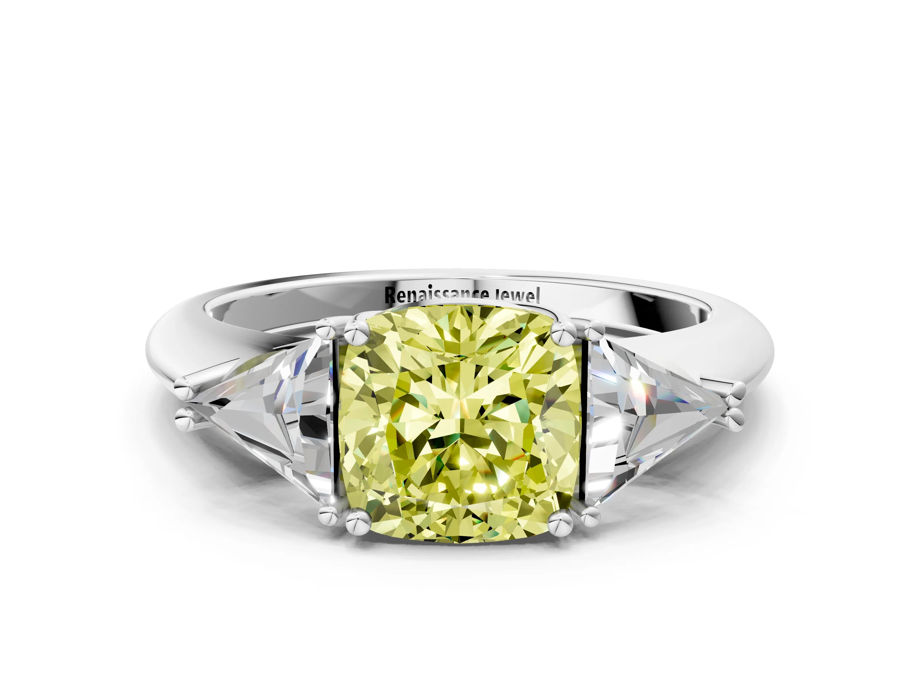 White gold Three-Stone Fancy Yellow Cushion Cut Cut Diamond Ring with Trillion Side Stones and Four-Prong Setting_11