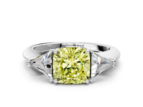 White gold Three-Stone Fancy Yellow Cushion Cut Cut Diamond Ring with Trillion Side Stones and Four-Prong Setting_11