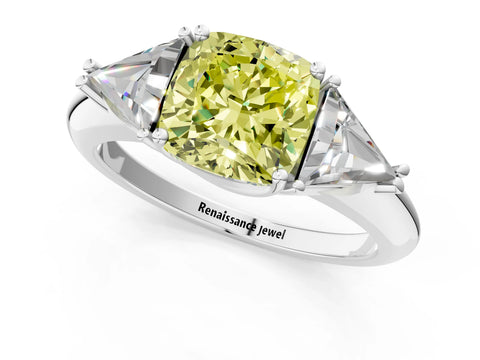 White gold Three-Stone Fancy Yellow Cushion Cut Cut Diamond Ring with Trillion Side Stones and Four-Prong Setting_12