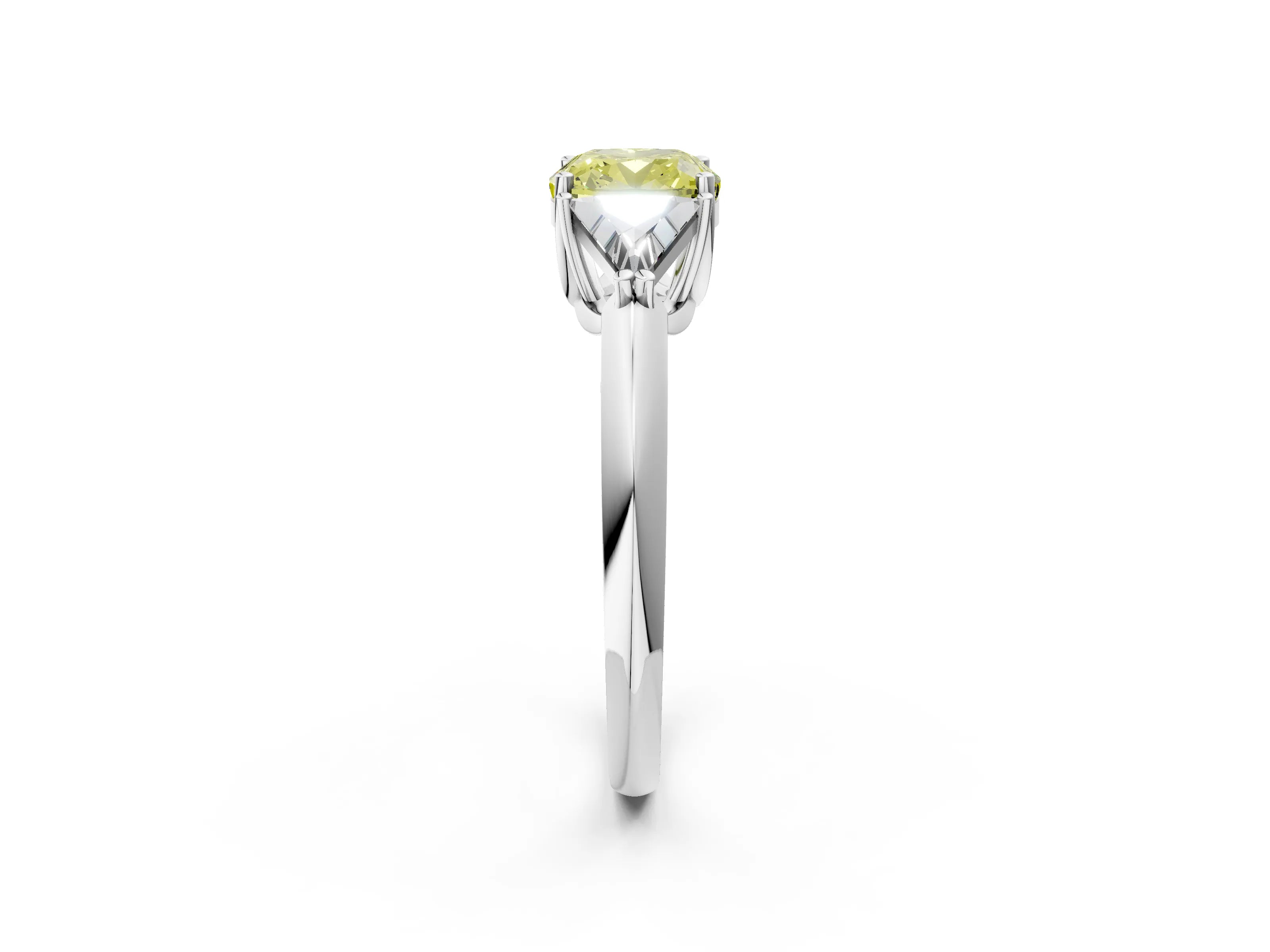 White gold Three-Stone Fancy Yellow Cushion Cut Cut Diamond Ring with Trillion Side Stones and Four-Prong Setting_13