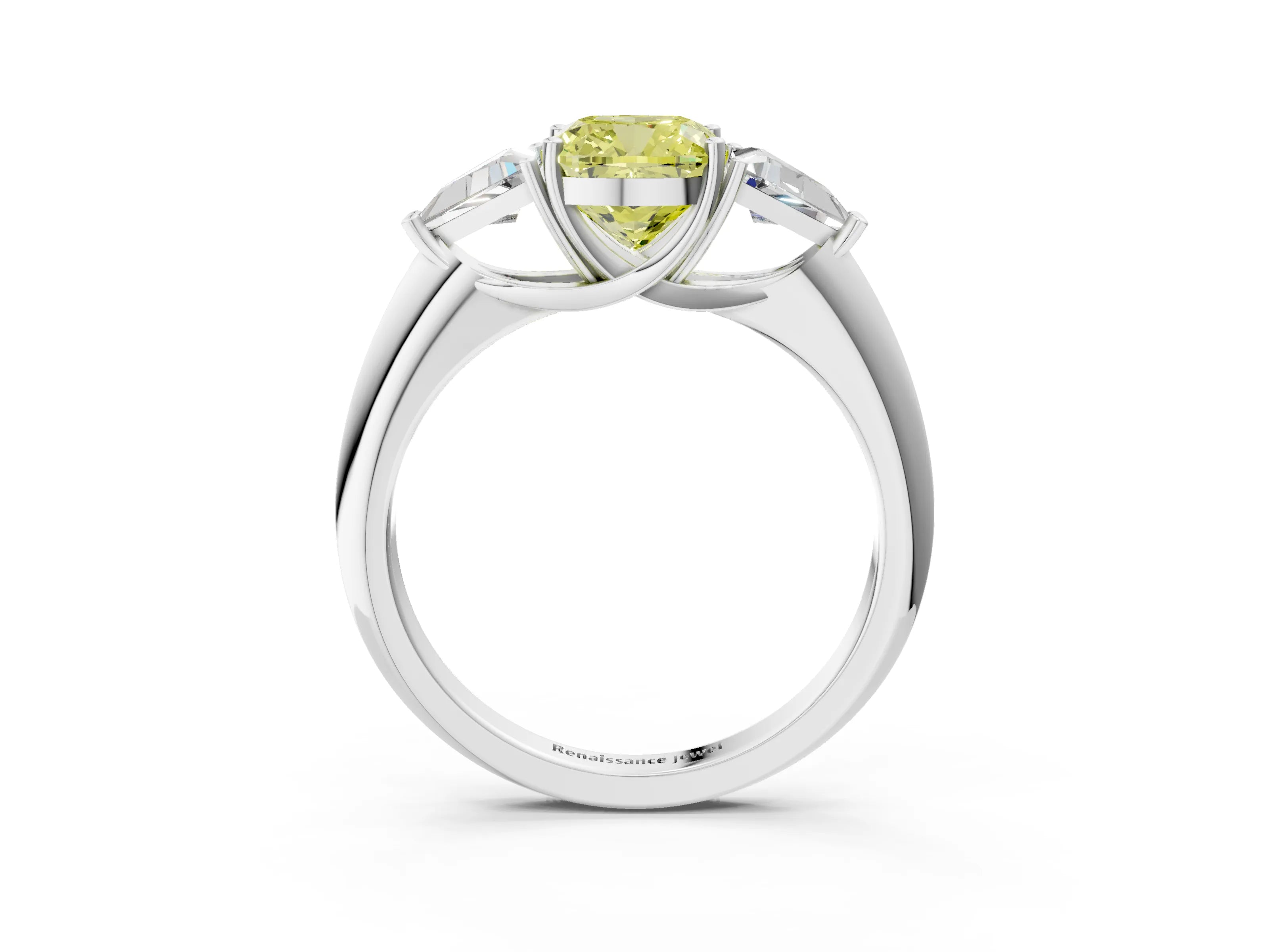 White gold Three-Stone Fancy Yellow Cushion Cut Cut Diamond Ring with Trillion Side Stones and Four-Prong Setting_14
