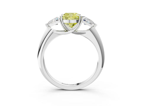 White gold Three-Stone Fancy Yellow Cushion Cut Cut Diamond Ring with Trillion Side Stones and Four-Prong Setting_14