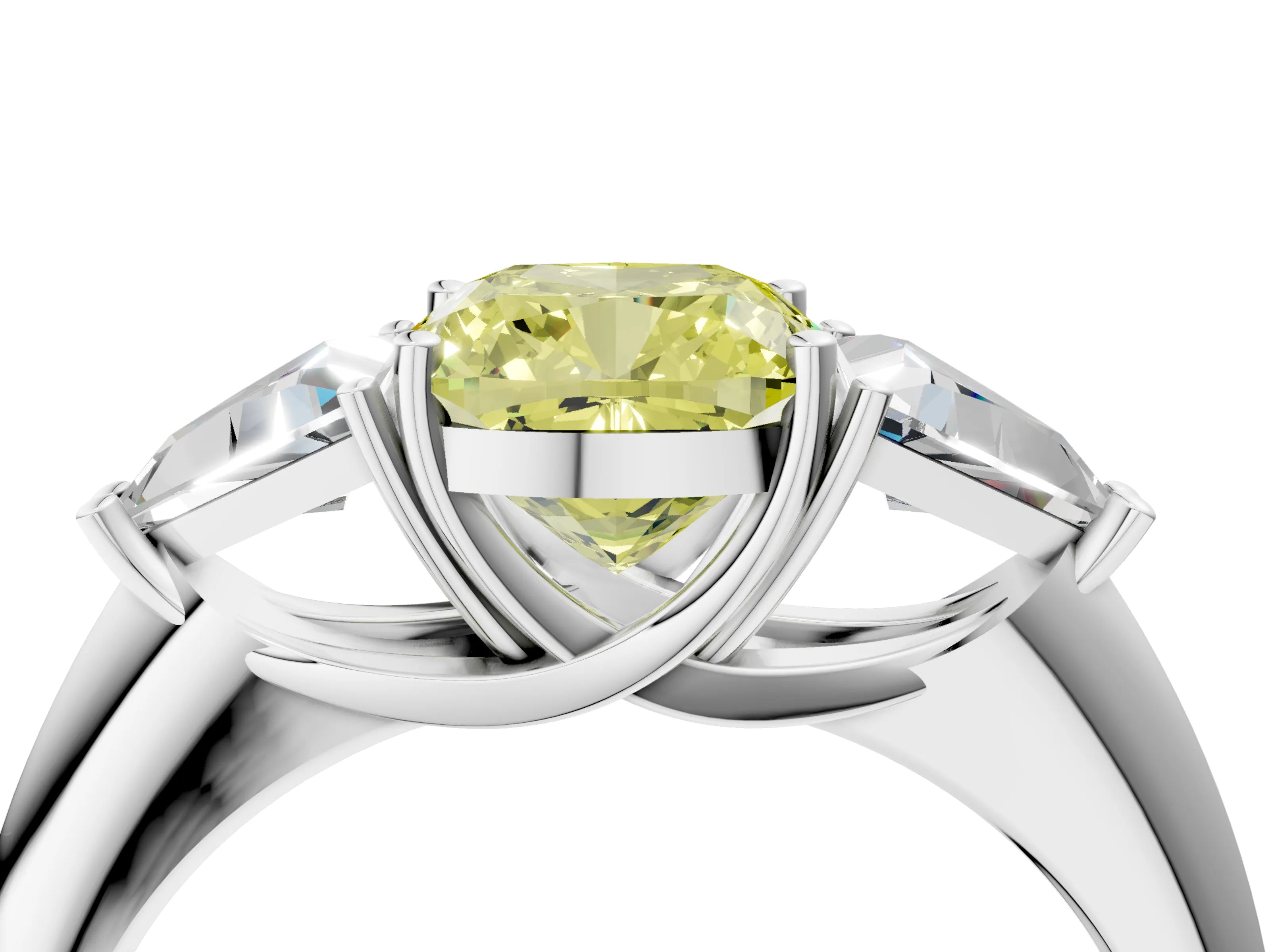White gold Three-Stone Fancy Yellow Cushion Cut Cut Diamond Ring with Trillion Side Stones and Four-Prong Setting_15