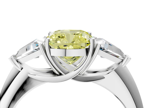 White gold Three-Stone Fancy Yellow Cushion Cut Cut Diamond Ring with Trillion Side Stones and Four-Prong Setting_15