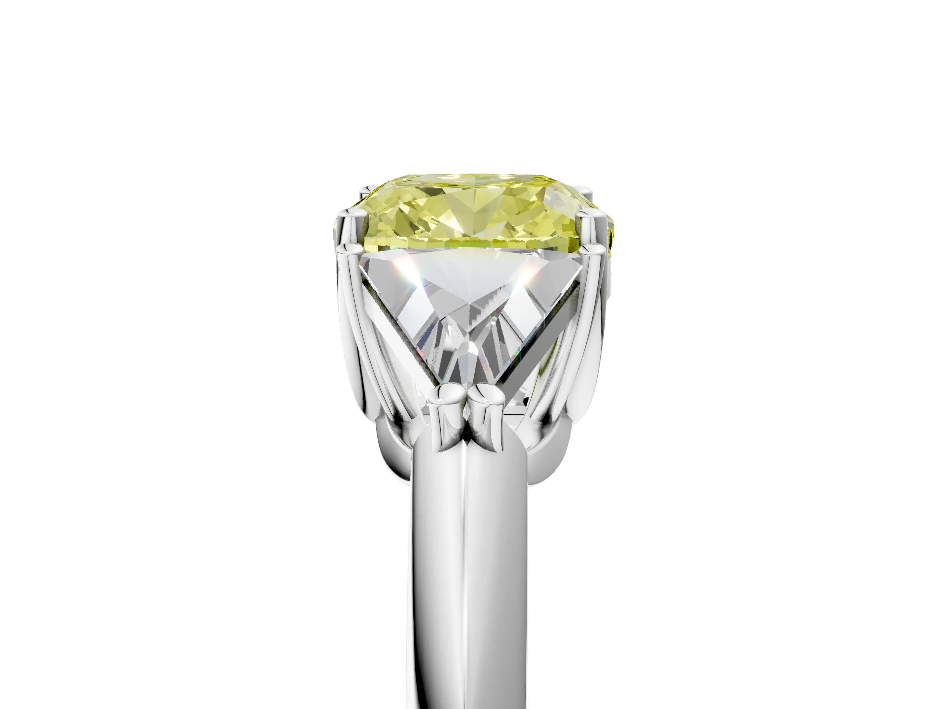 White gold Three-Stone Fancy Yellow Cushion Cut Cut Diamond Ring with Trillion Side Stones and Four-Prong Setting_16