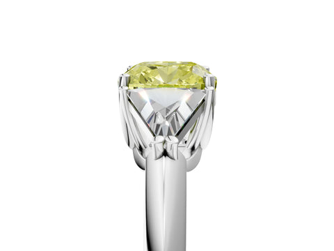 White gold Three-Stone Fancy Yellow Cushion Cut Cut Diamond Ring with Trillion Side Stones and Four-Prong Setting_16