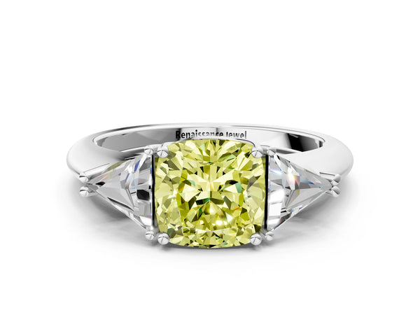Platinum Three-Stone Fancy Yellow Cushion Cut Cut Diamond Ring with Trillion Side Stones and Four-Prong Setting