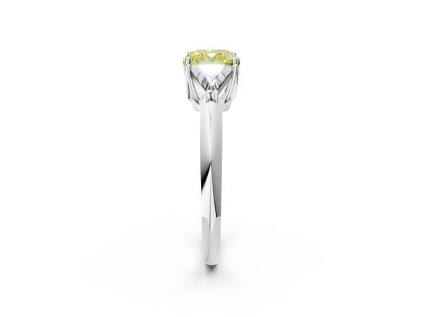 Platinum Three-Stone Fancy Yellow Cushion Cut Cut Diamond Ring with Trillion Side Stones and Four-Prong Setting
