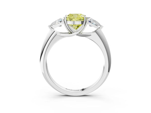 Platinum Three-Stone Fancy Yellow Cushion Cut Cut Diamond Ring with Trillion Side Stones and Four-Prong Setting