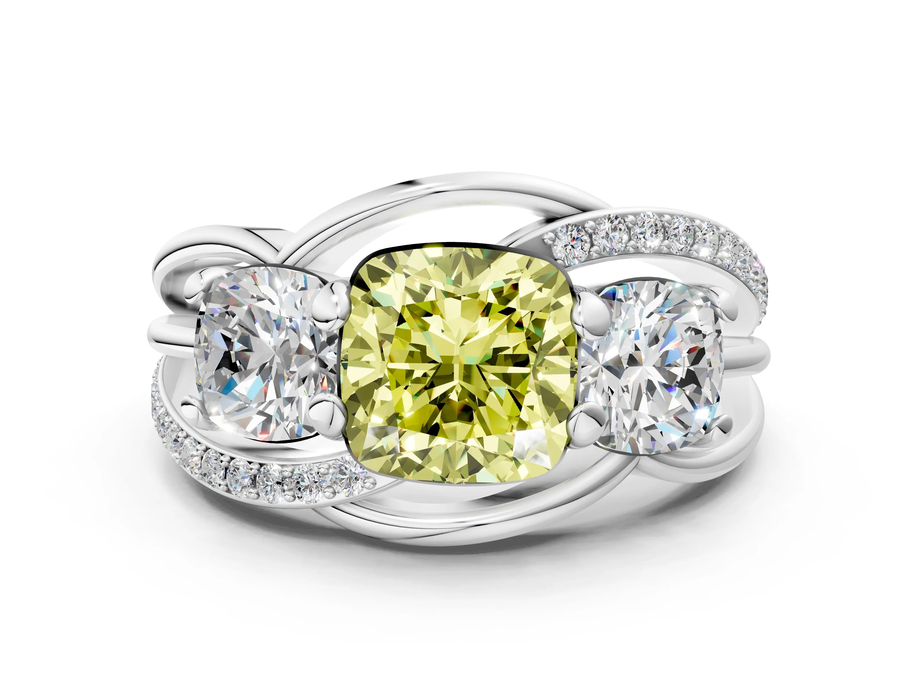 White gold Three-Stone Fancy Yellow Cushion Cut Cut Diamond Split Shank Prong Set Ring_12