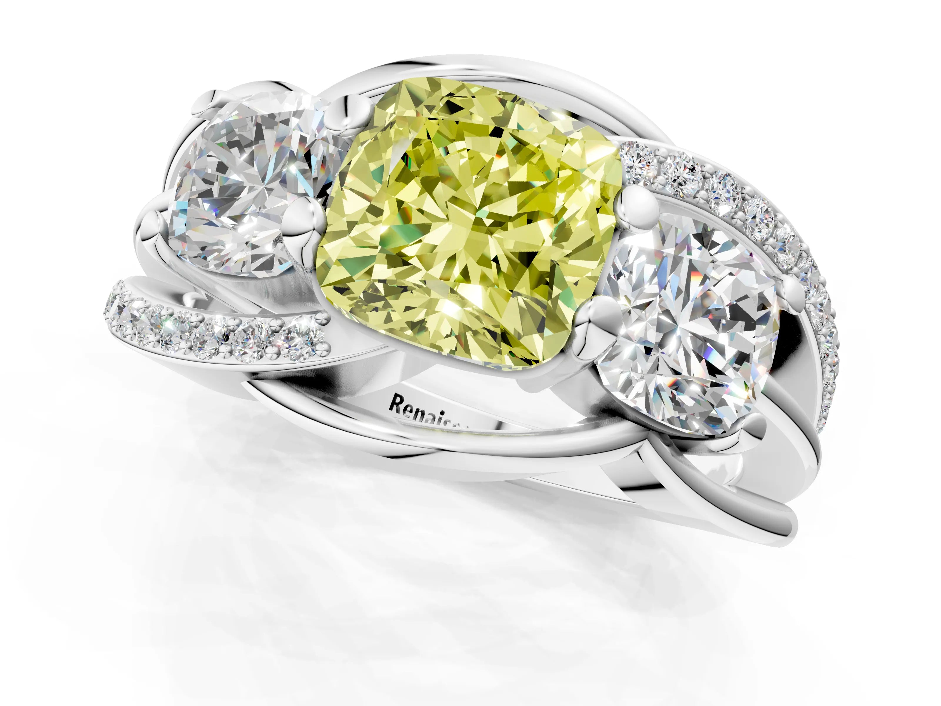 White gold Three-Stone Fancy Yellow Cushion Cut Cut Diamond Split Shank Prong Set Ring_13