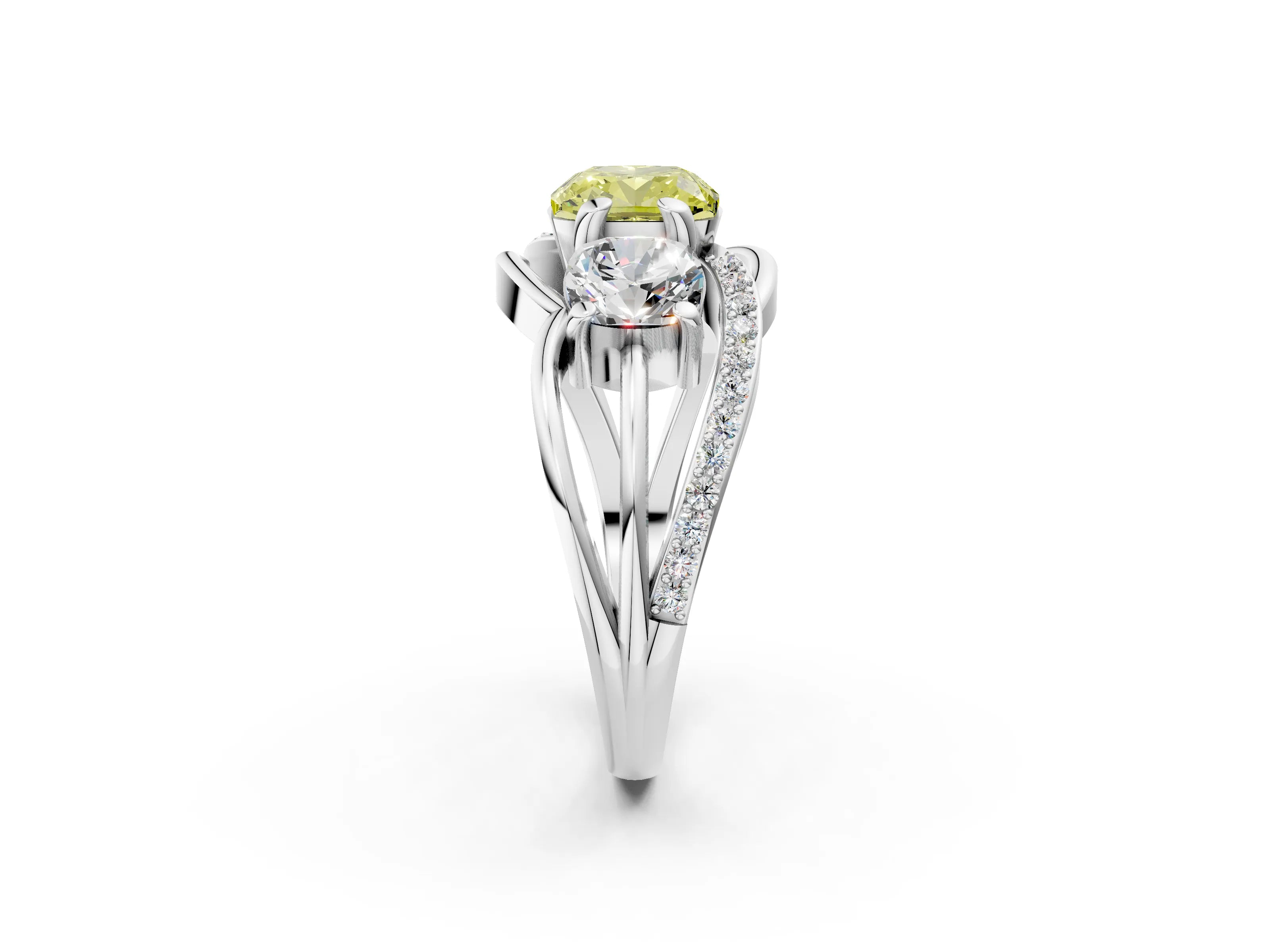 White gold Three-Stone Fancy Yellow Cushion Cut Cut Diamond Split Shank Prong Set Ring_14
