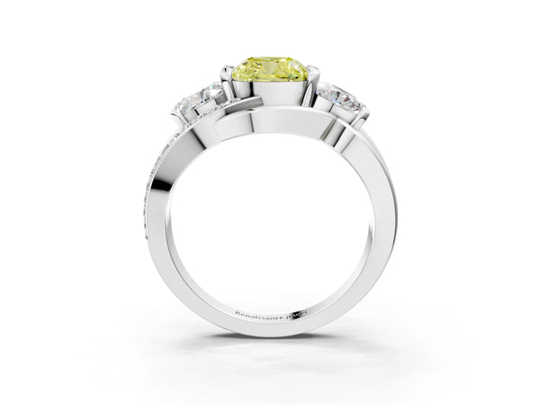 Platinum Three-Stone Fancy Yellow Cushion Cut Cut Diamond Split Shank Prong Set Ring
