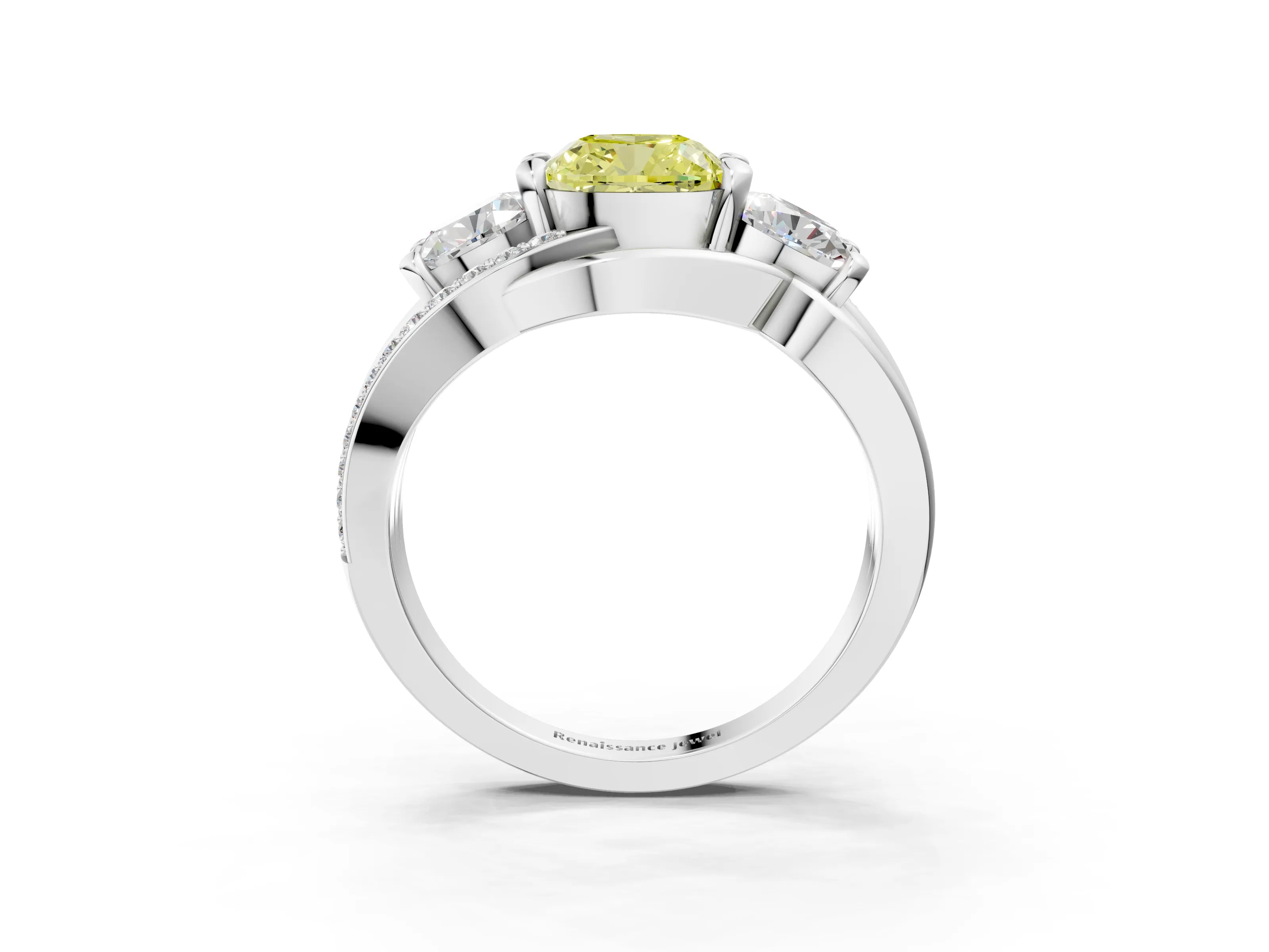 White gold Three-Stone Fancy Yellow Cushion Cut Cut Diamond Split Shank Prong Set Ring_15