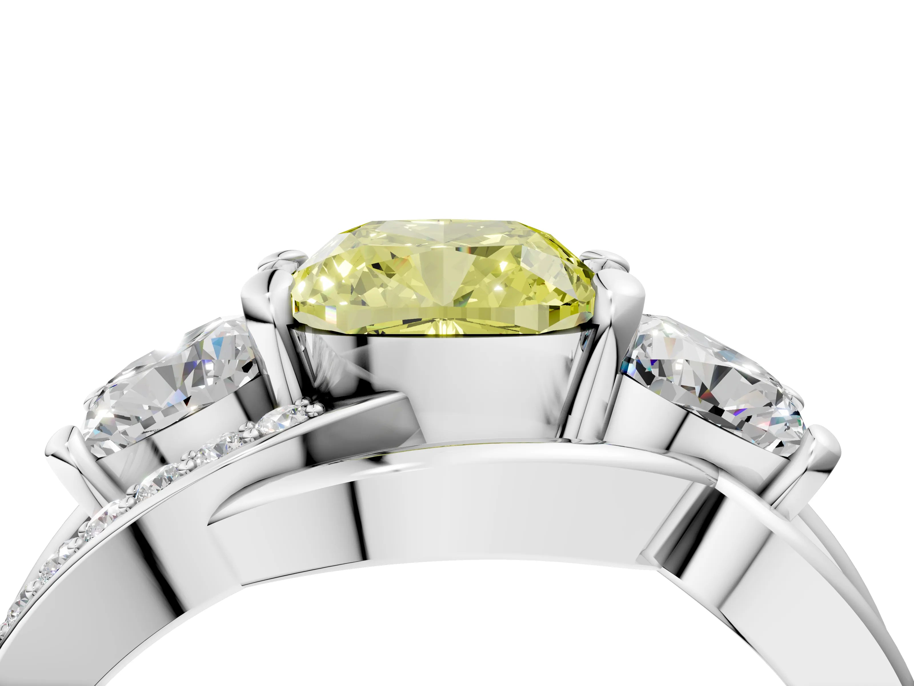 White gold Three-Stone Fancy Yellow Cushion Cut Cut Diamond Split Shank Prong Set Ring_16