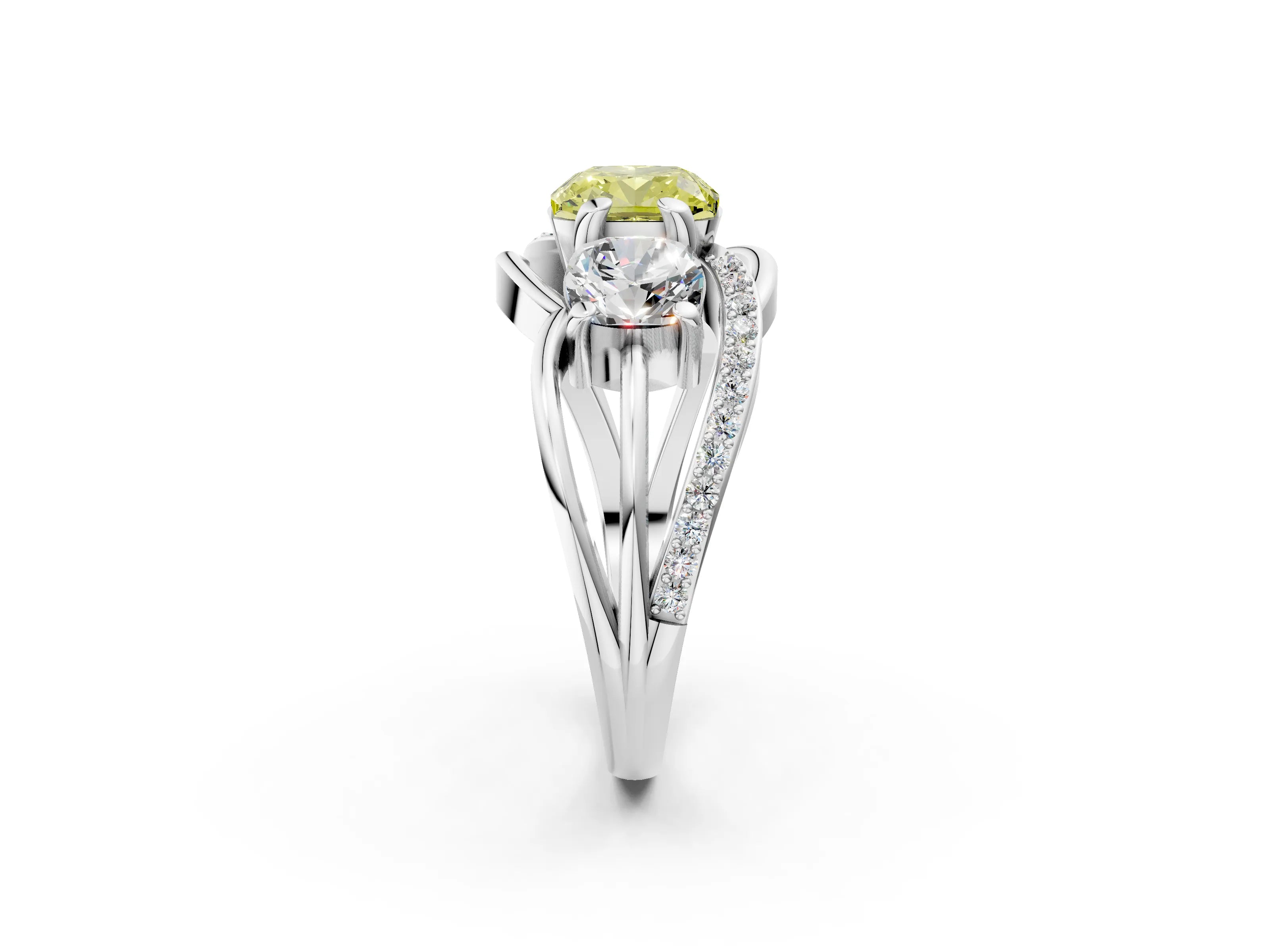 White gold Three-Stone Fancy Yellow Cushion Cut Cut Diamond Split Shank Prong Set Ring_2