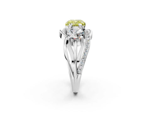 White gold Three-Stone Fancy Yellow Cushion Cut Cut Diamond Split Shank Prong Set Ring_2