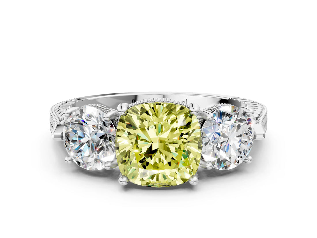 White gold Three-Stone Fancy Yellow Cushion Cut Cut Milgrain Band Prong Setting Ring_6
