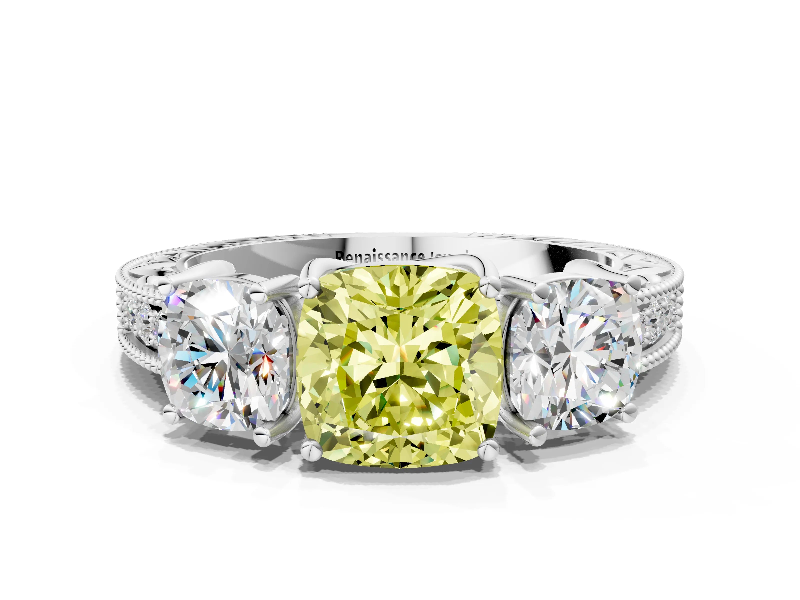 White gold Three-Stone Fancy Yellow Cushion Cut Cut Milgrain Pavé Engagement Ring_12