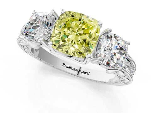 White gold Three-Stone Fancy Yellow Cushion Cut Cut Milgrain Pavé Engagement Ring_13