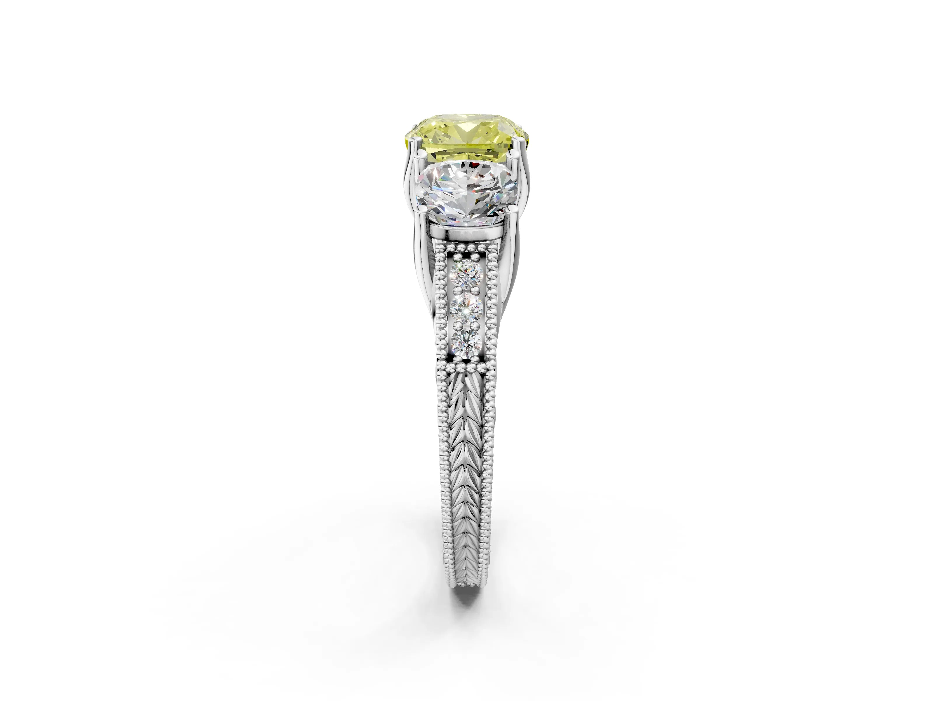 White gold Three-Stone Fancy Yellow Cushion Cut Cut Milgrain Pavé Engagement Ring_14