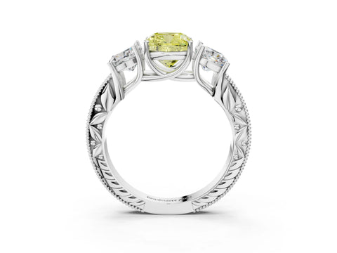 White gold Three-Stone Fancy Yellow Cushion Cut Cut Milgrain Pavé Engagement Ring_15