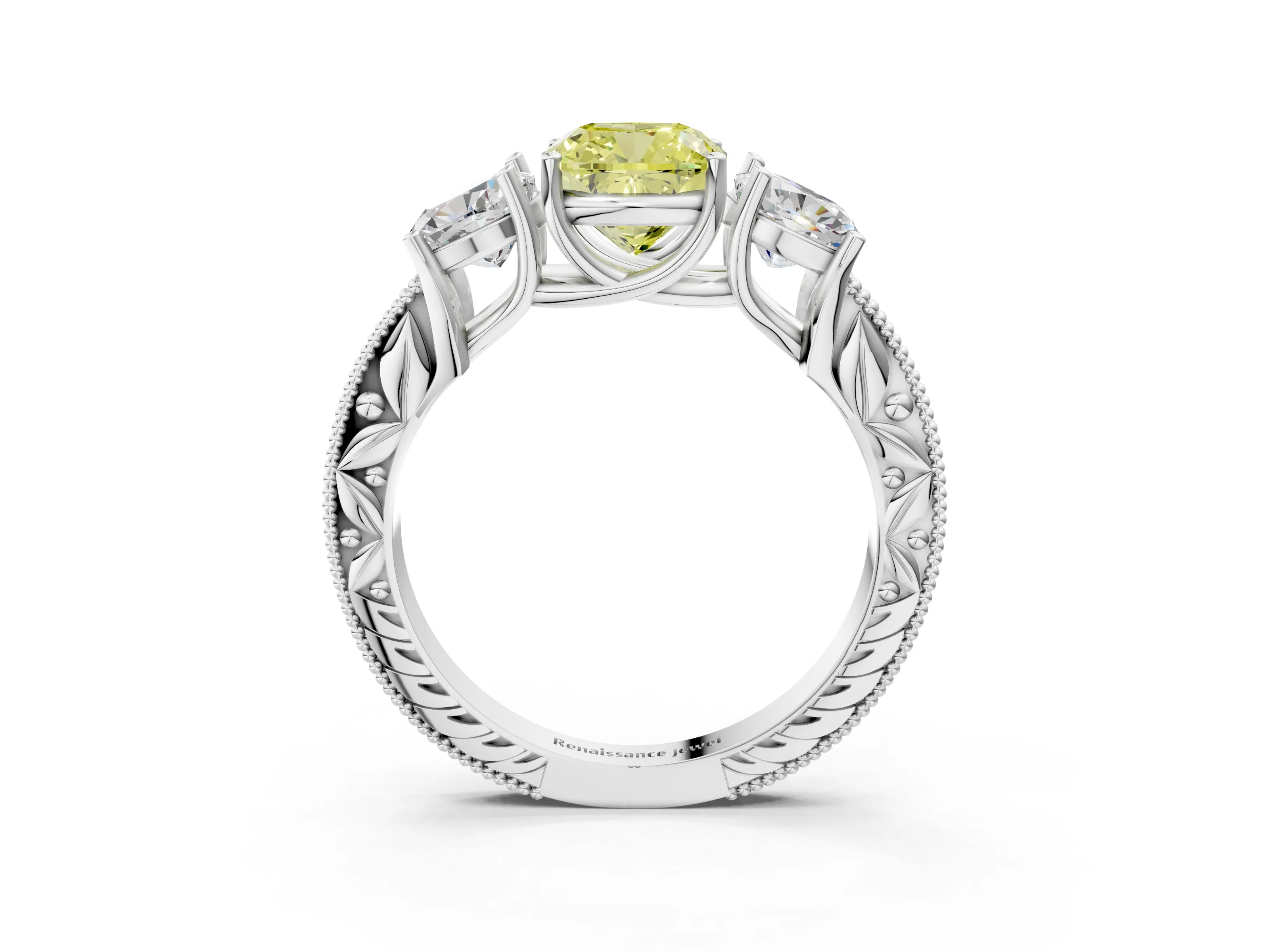 White gold Three-Stone Fancy Yellow Cushion Cut Cut Milgrain Pavé Engagement Ring_15