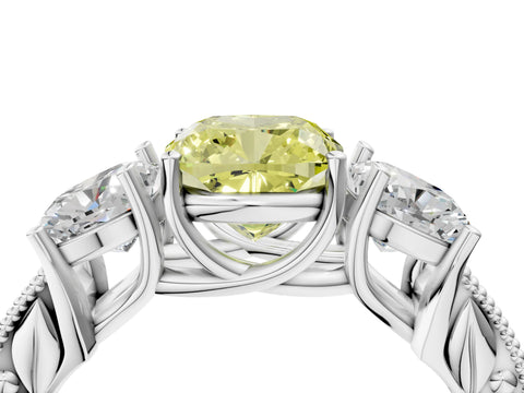 White gold Three-Stone Fancy Yellow Cushion Cut Cut Milgrain Pavé Engagement Ring_16