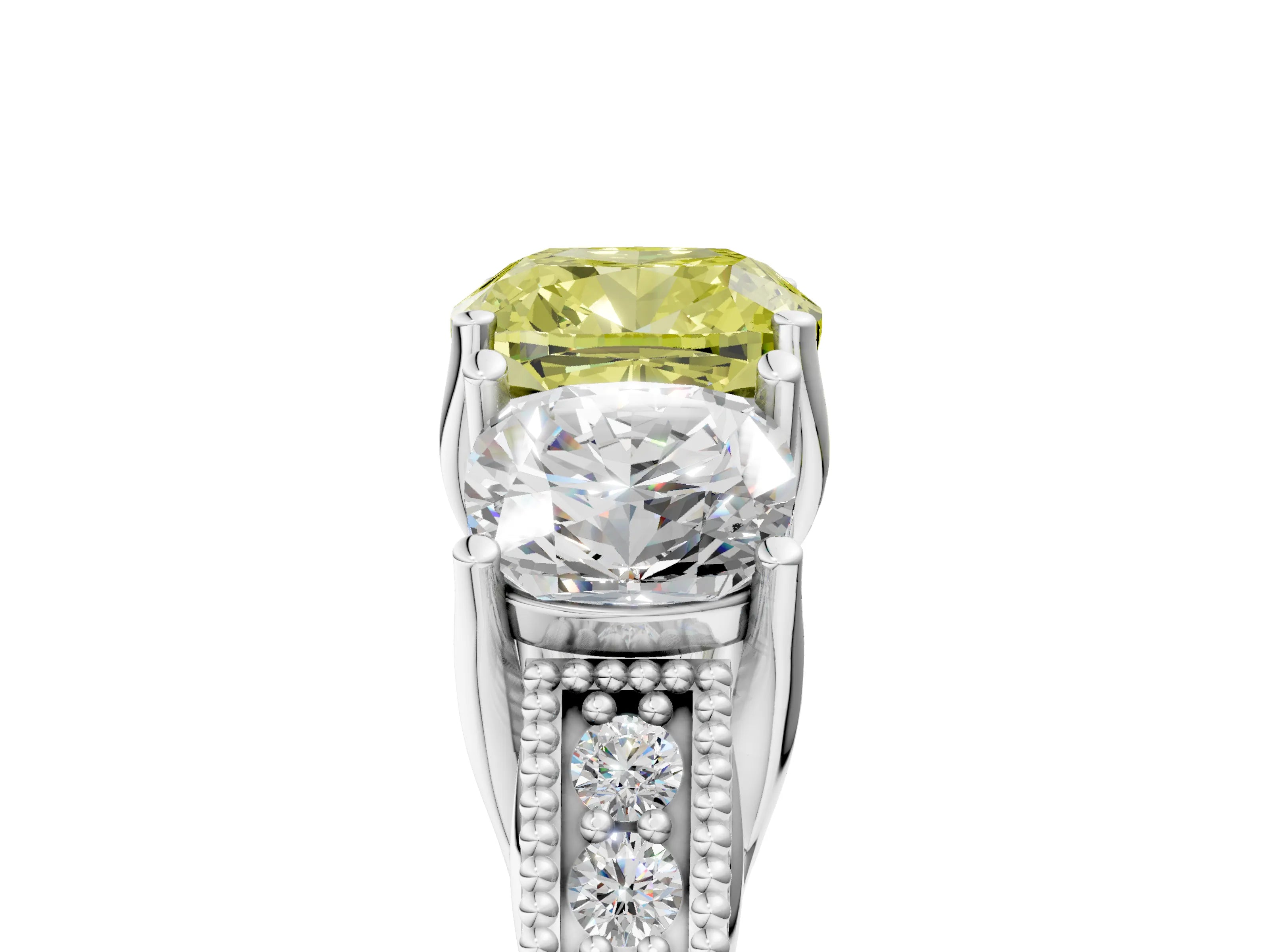 White gold Three-Stone Fancy Yellow Cushion Cut Cut Milgrain Pavé Engagement Ring_17