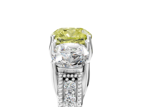 White gold Three-Stone Fancy Yellow Cushion Cut Cut Milgrain Pavé Engagement Ring_17