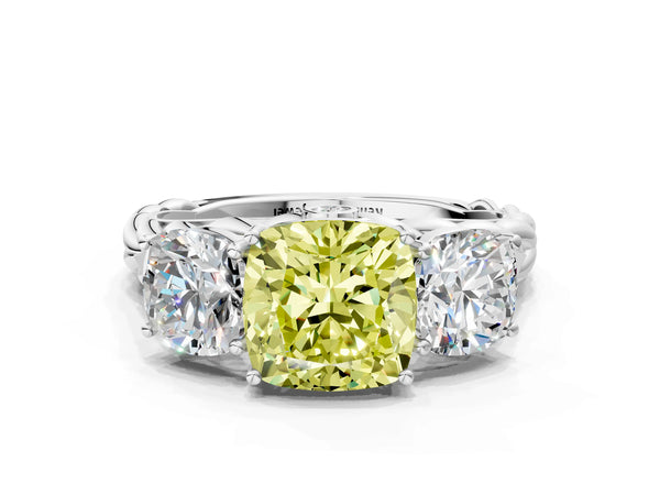 Platinum Three-Stone Fancy Yellow Cushion Cut Diamond Braided Band Ring with Four-Prong Setting