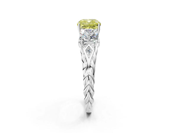 Platinum Three-Stone Fancy Yellow Cushion Cut Diamond Braided Band Ring with Four-Prong Setting