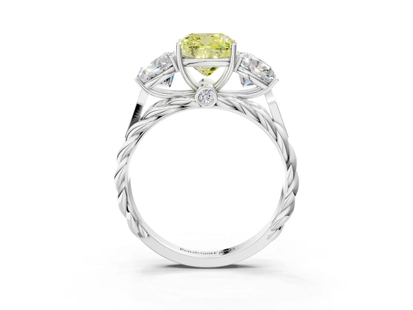 Platinum Three-Stone Fancy Yellow Cushion Cut Diamond Braided Band Ring with Four-Prong Setting