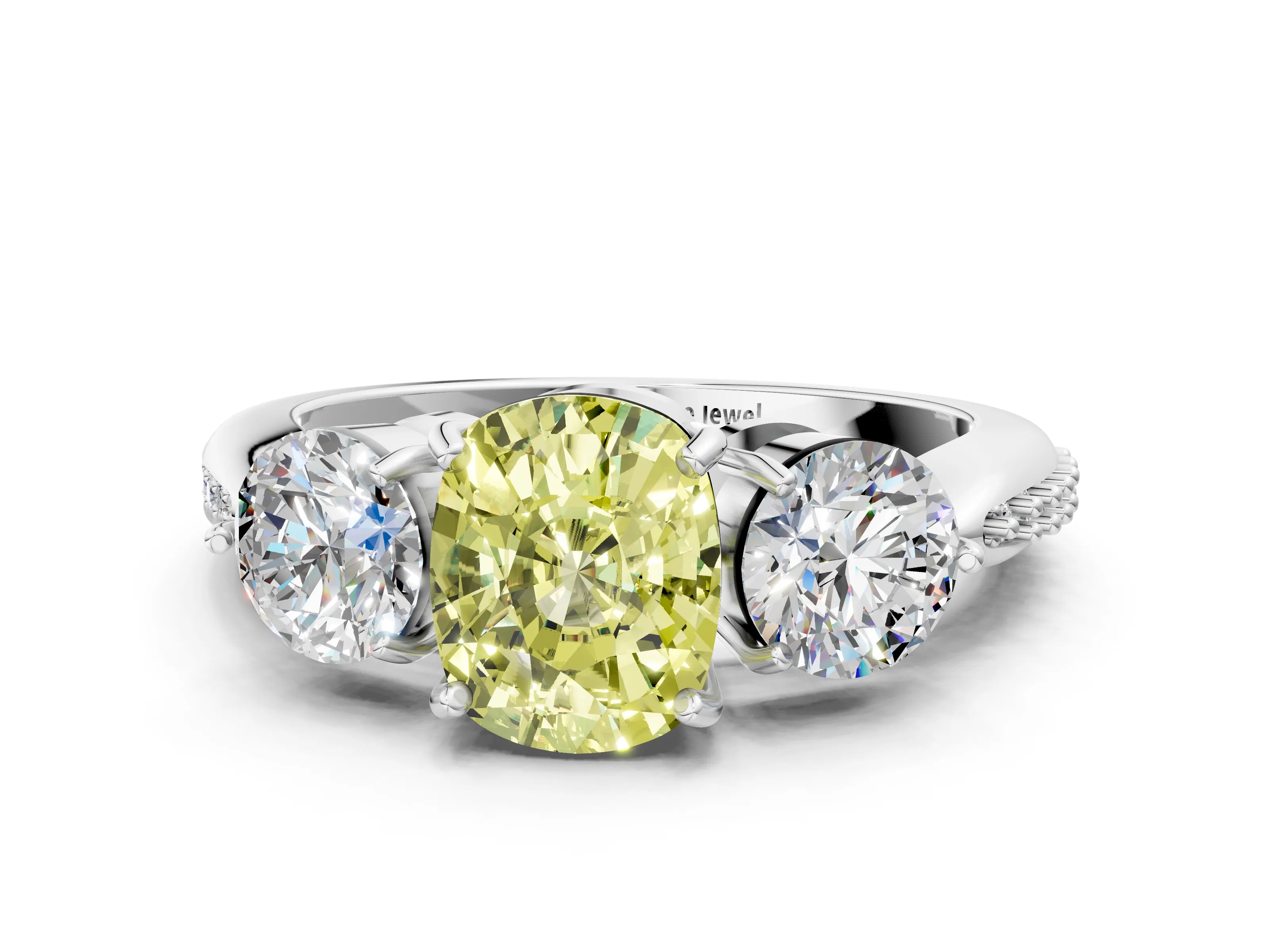 White gold Three-Stone Fancy Yellow Cushion Cut Diamond Channel Set Engagement Ring with Prong Setting_36