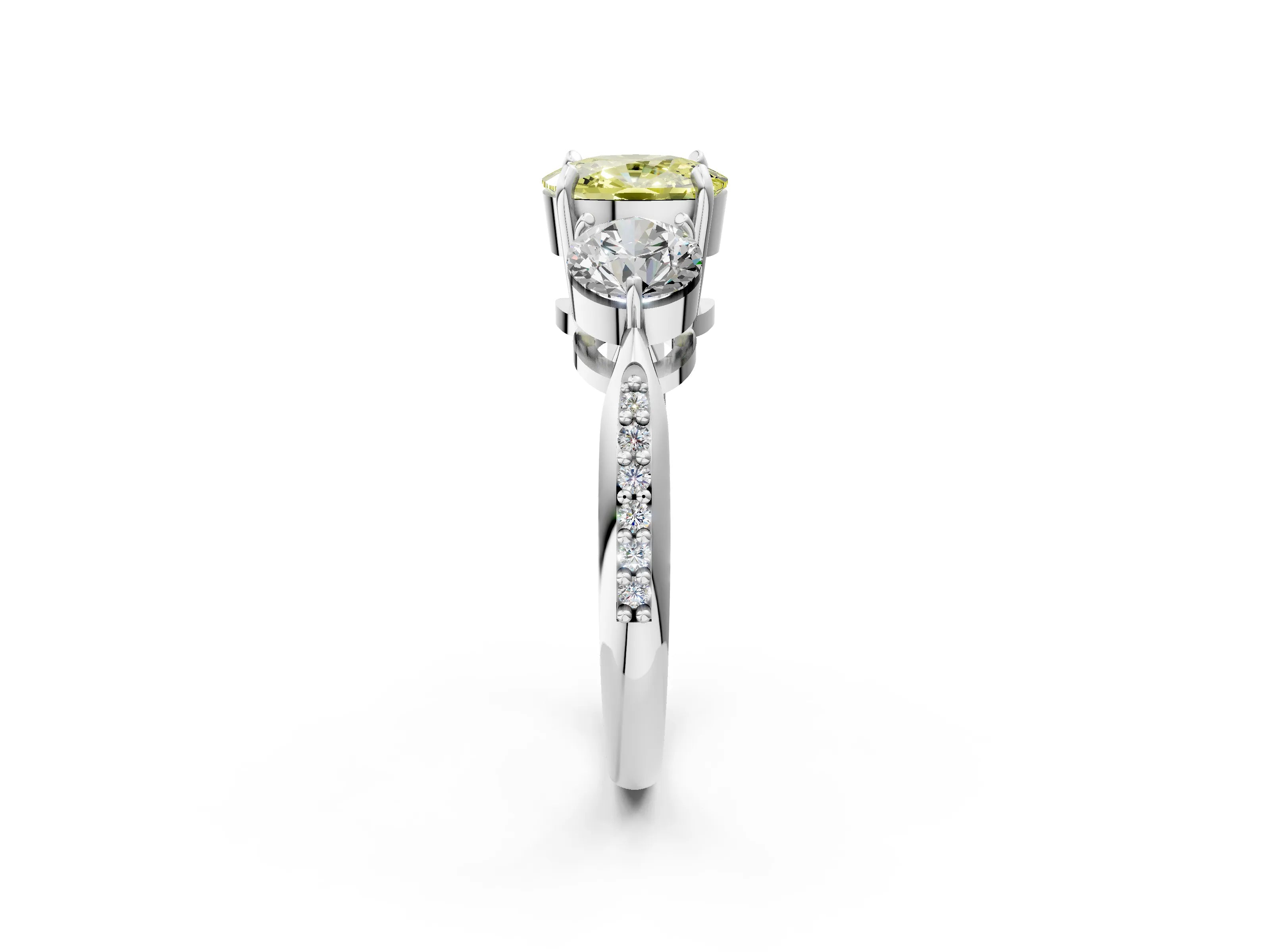 White gold Three-Stone Fancy Yellow Cushion Cut Diamond Channel Set Engagement Ring with Prong Setting_38