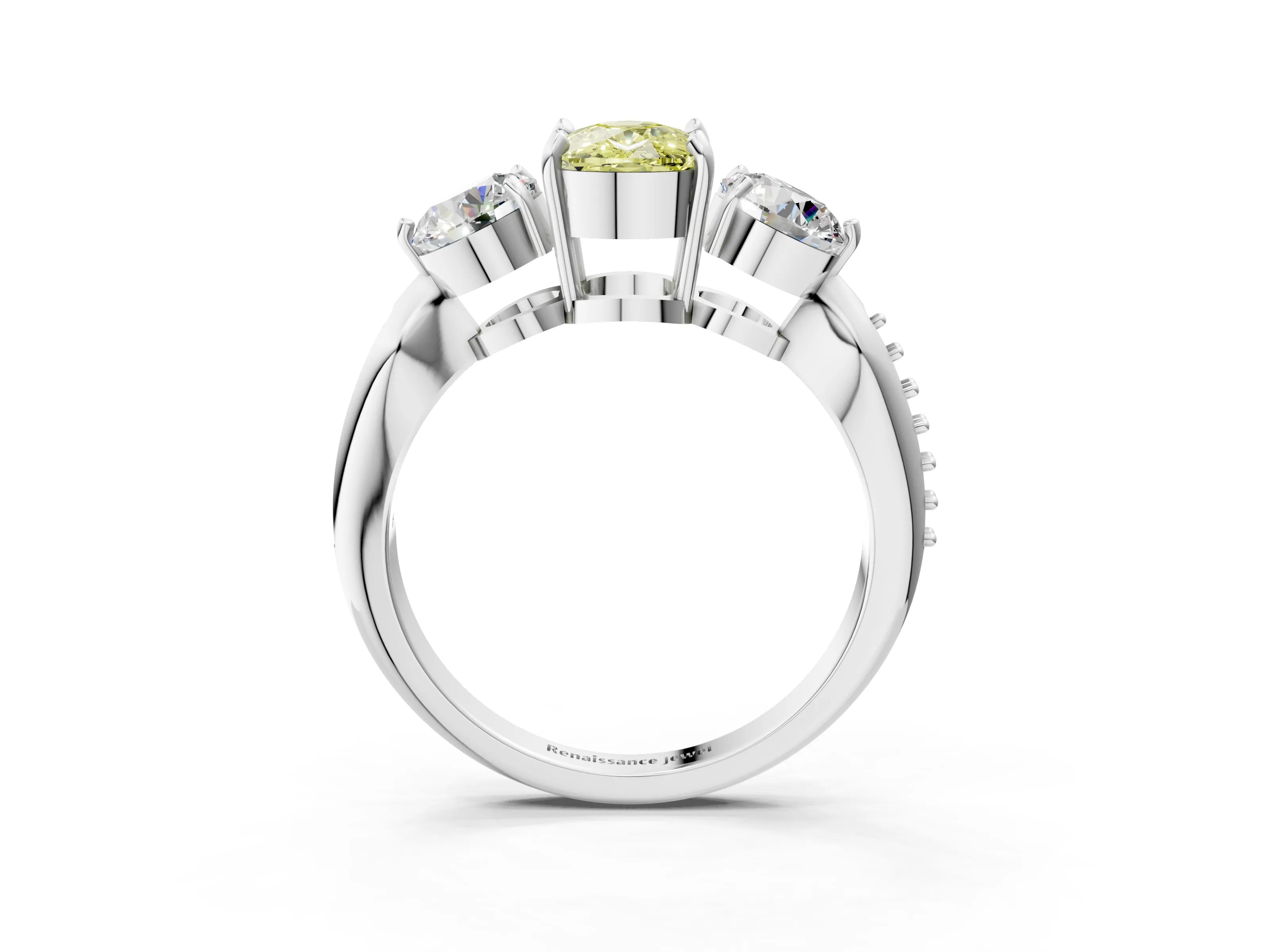 White gold Three-Stone Fancy Yellow Cushion Cut Diamond Channel Set Engagement Ring with Prong Setting_39