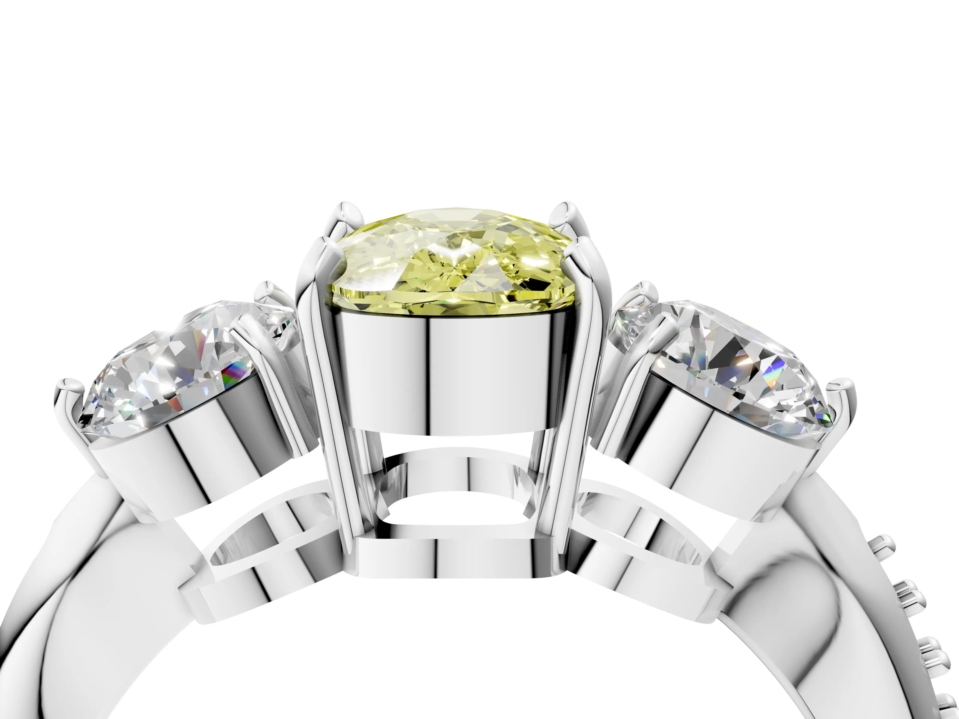White gold Three-Stone Fancy Yellow Cushion Cut Diamond Channel Set Engagement Ring with Prong Setting_40
