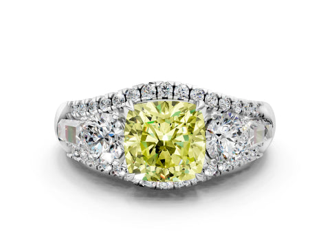 White gold Three-Stone Fancy Yellow Cushion Cut Diamond Engagement Ring with Pave Band and Prong Setting_12