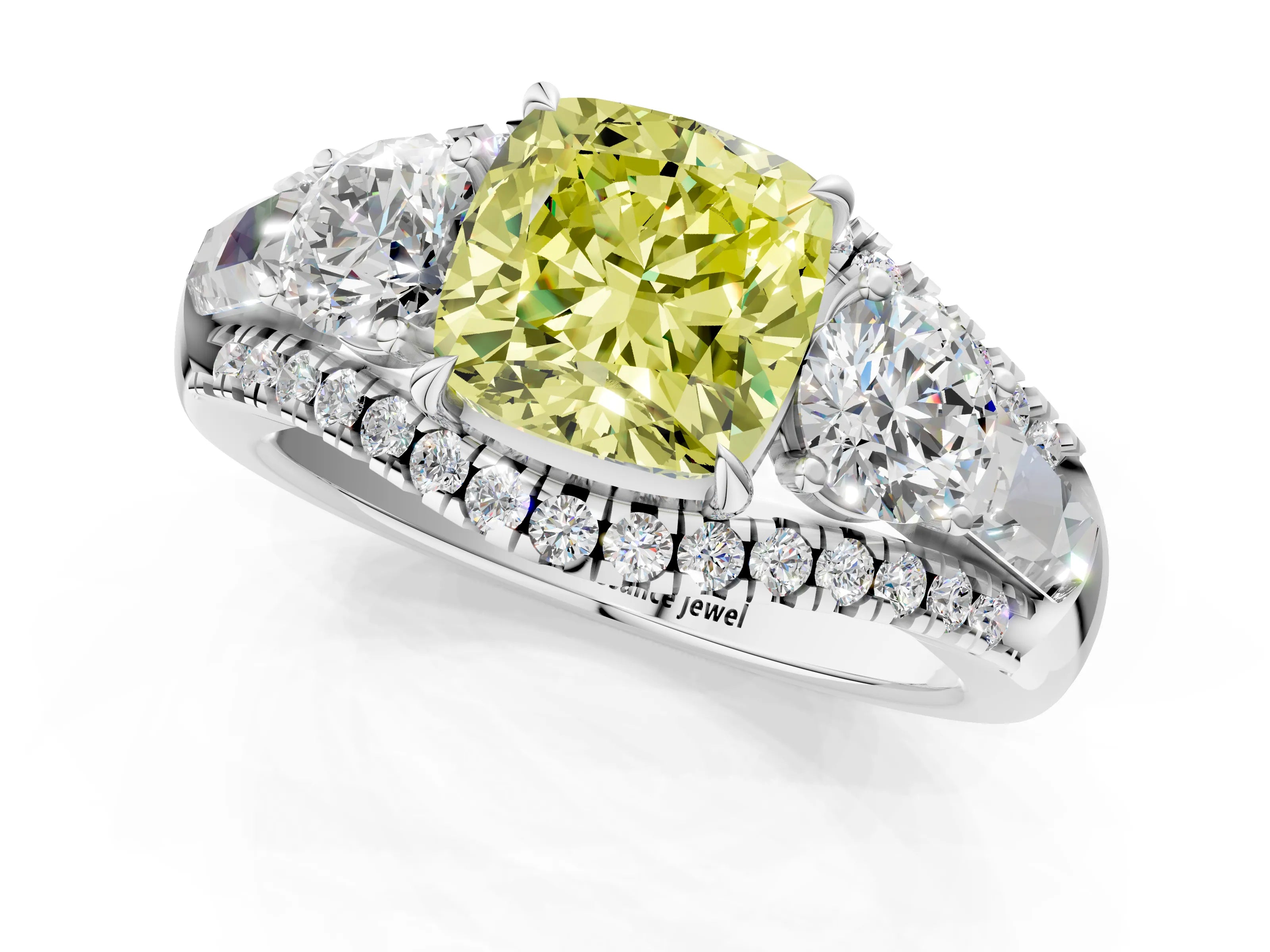 White gold Three-Stone Fancy Yellow Cushion Cut Diamond Engagement Ring with Pave Band and Prong Setting_13