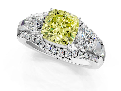 White gold Three-Stone Fancy Yellow Cushion Cut Diamond Engagement Ring with Pave Band and Prong Setting_13