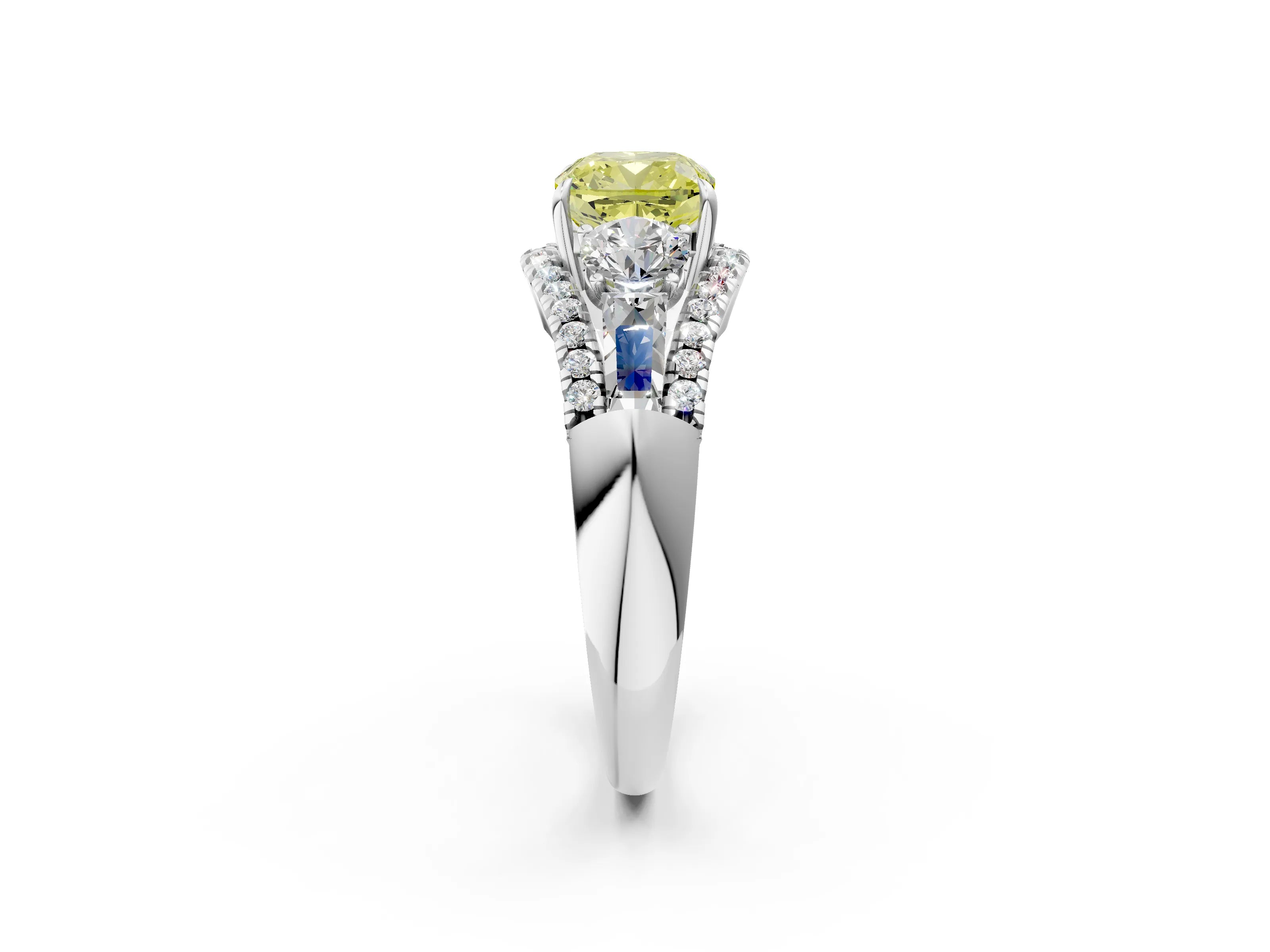 White gold Three-Stone Fancy Yellow Cushion Cut Diamond Engagement Ring with Pave Band and Prong Setting_14