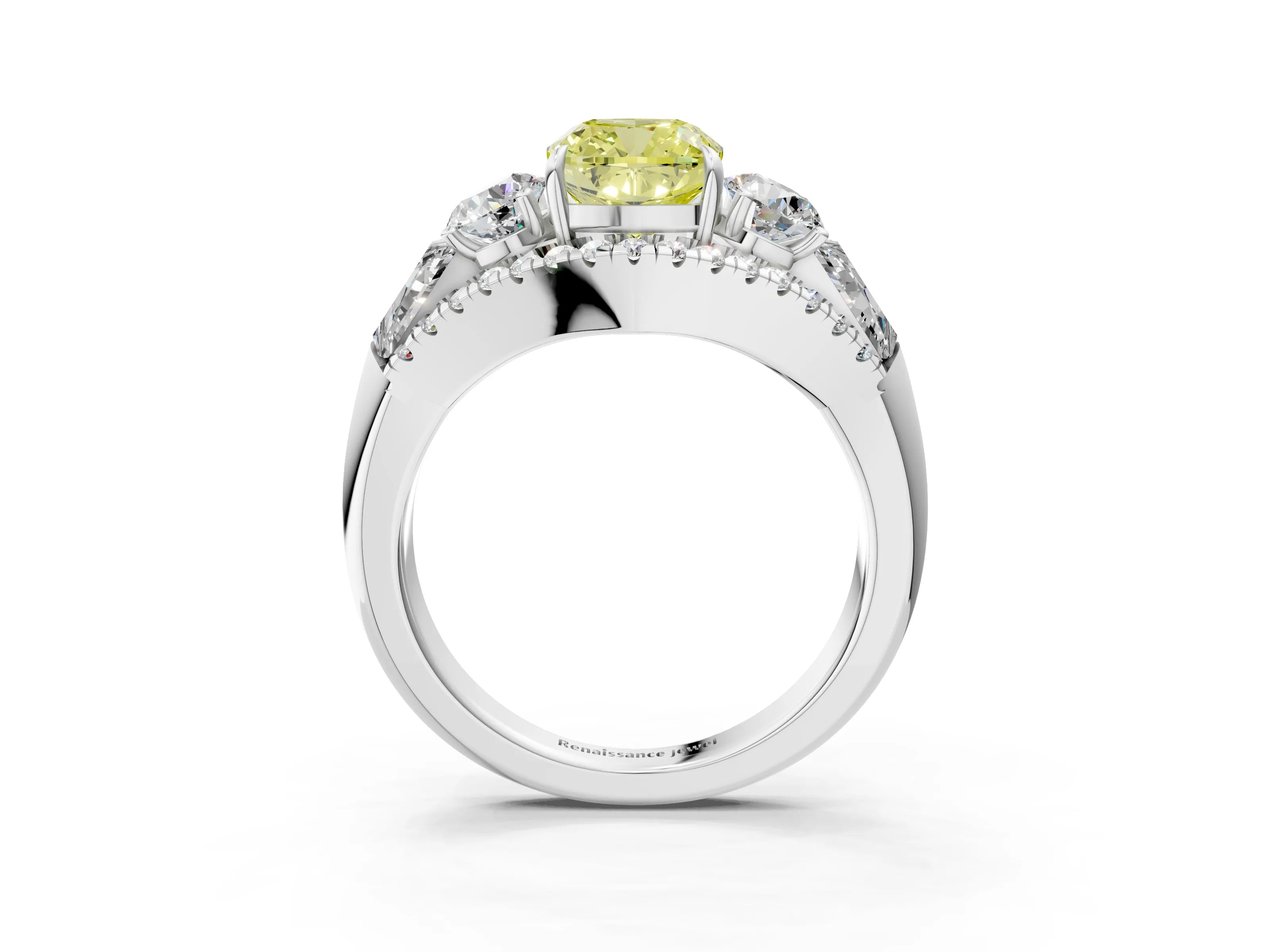 White gold Three-Stone Fancy Yellow Cushion Cut Diamond Engagement Ring with Pave Band and Prong Setting_15