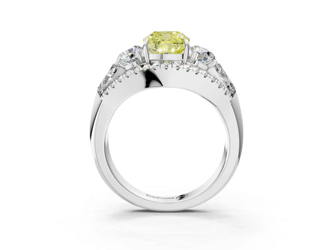 White gold Three-Stone Fancy Yellow Cushion Cut Diamond Engagement Ring with Pave Band and Prong Setting_15