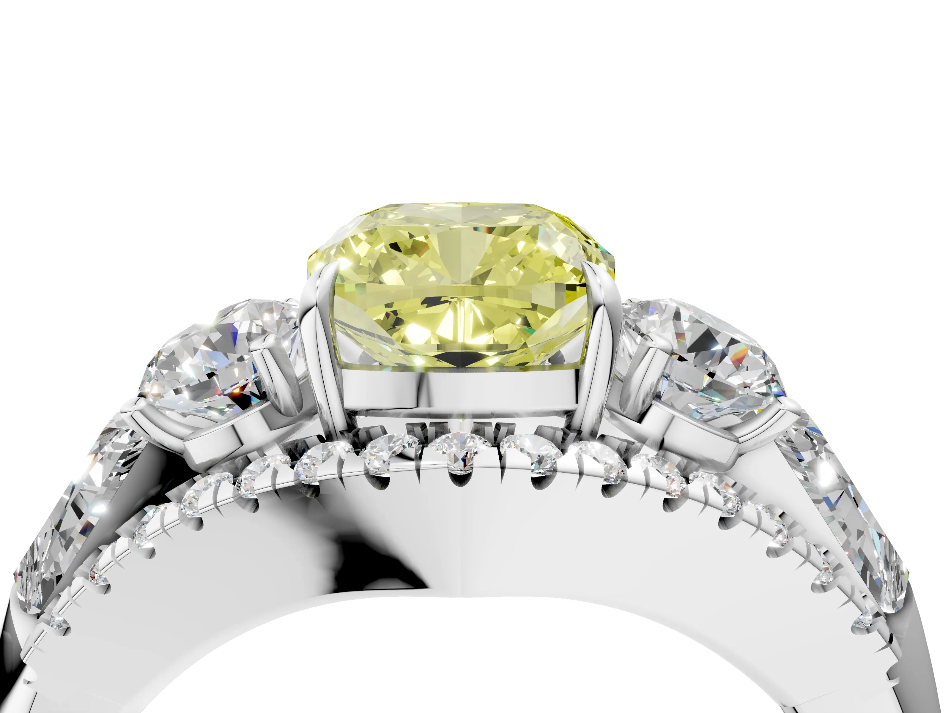 White gold Three-Stone Fancy Yellow Cushion Cut Diamond Engagement Ring with Pave Band and Prong Setting_16