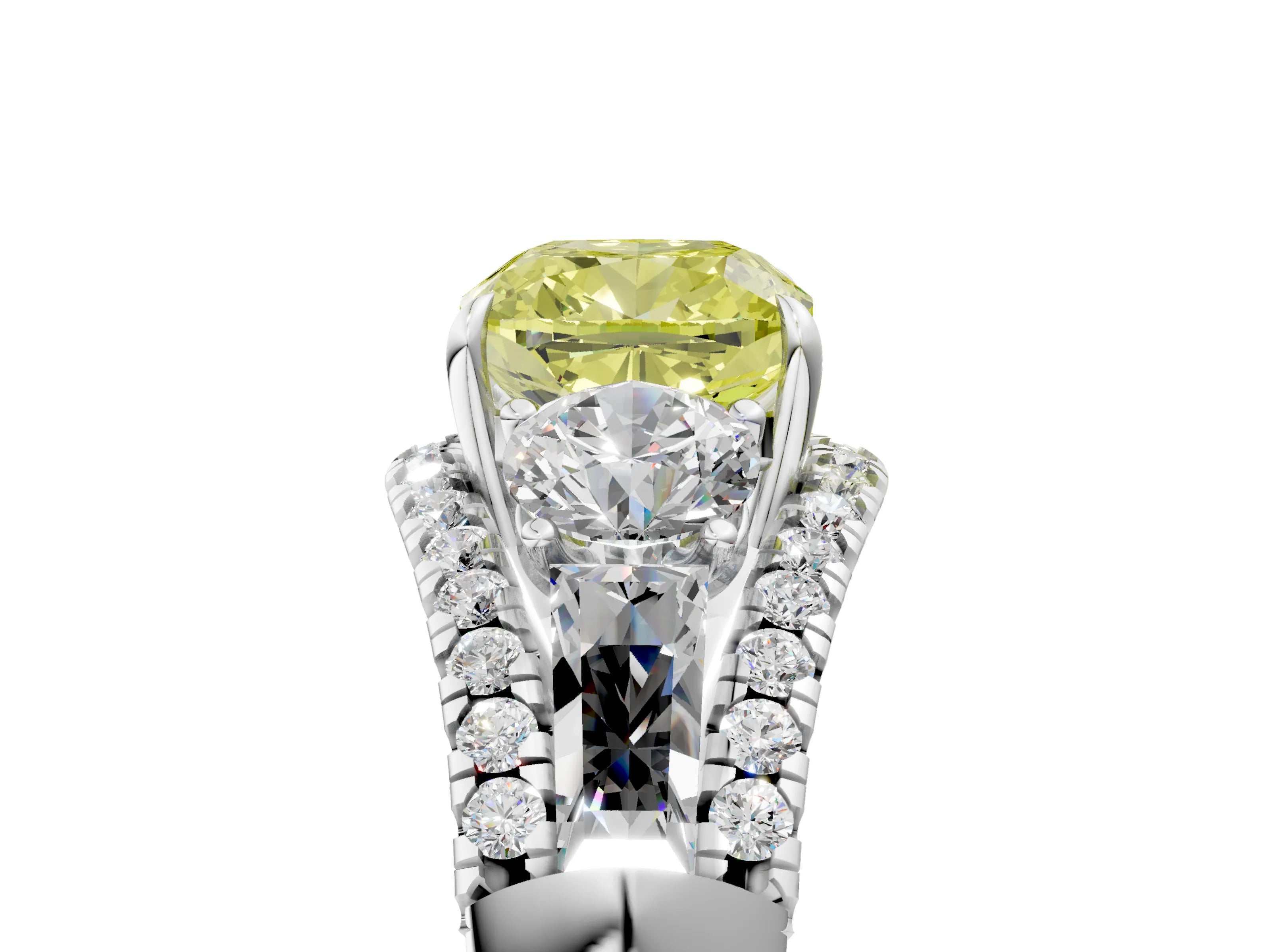 White gold Three-Stone Fancy Yellow Cushion Cut Diamond Engagement Ring with Pave Band and Prong Setting_17