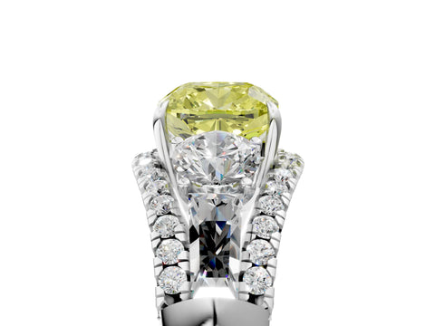 White gold Three-Stone Fancy Yellow Cushion Cut Diamond Engagement Ring with Pave Band and Prong Setting_17